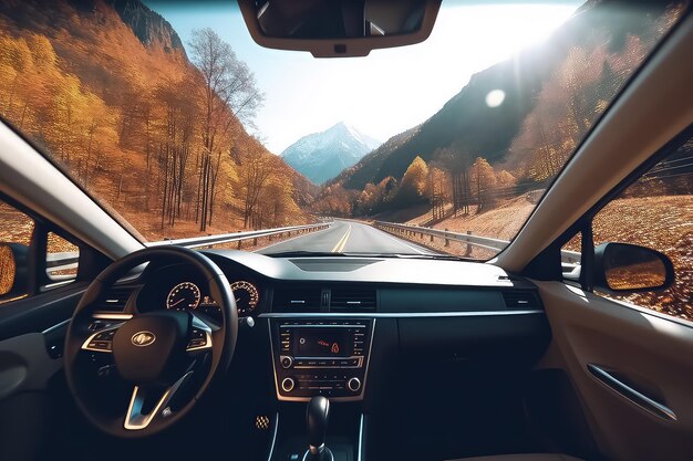 El auto está conduciendo a lo largo de un hermoso camino de otoño, la vista desde detrás del auto AI