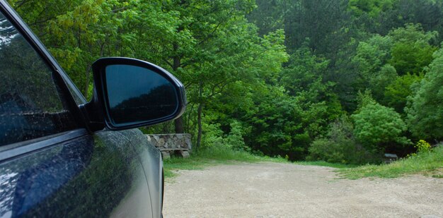 El auto está parado al lado del bosque.