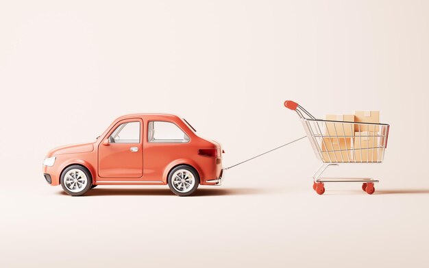 Auto de estilo 3D y carrito de compras renderización 3D
