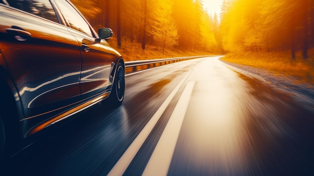 Auto fährt auf der Straße mit Bäumen im Hintergrund und der Sonne scheint auf die Straße. Generative KI