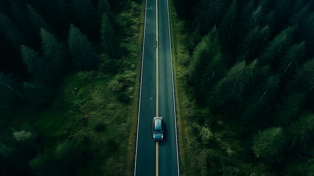 Auto fährt bei Sonnenuntergang auf der Straße im Wald