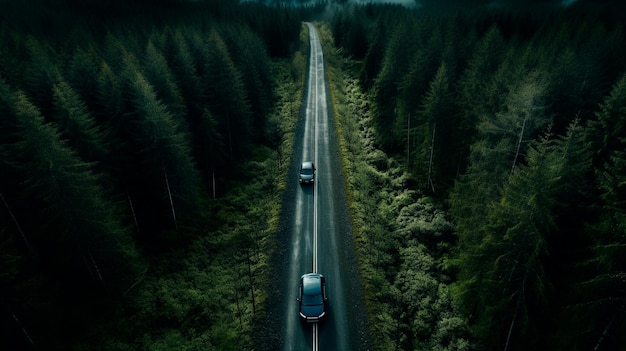 Auto fährt bei Sonnenuntergang auf der Straße im Wald