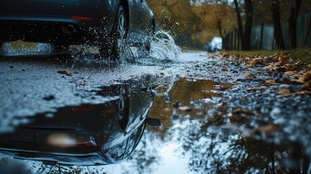 Foto auto fährt durch die pfütze und spritzt am wasser