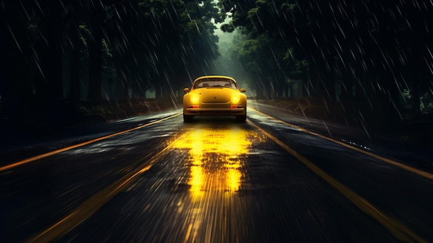Auto fährt nachts mit hellem Licht auf nasser Straße