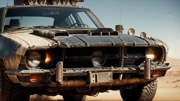 Un auto con un faro encendido en un desierto