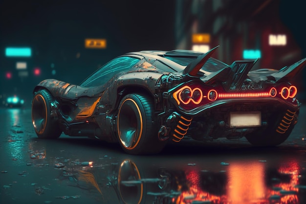 Auto im Cyberpunk-Stil auf der Straße der Stadt der Zukunft Futurismus Neonlicht Sportwagen mit großen Rädern 3D-Illustration