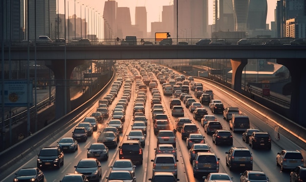 Auto im Stau bei Sonnenuntergang