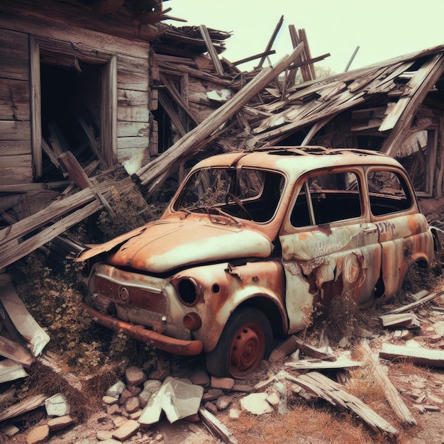 Auto in der Mitte eines zerstörten Gebäudes Kriegshintergrund