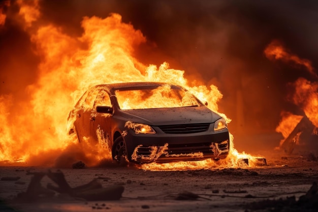 Auto en llamas en el fuego Auto en llama en la carretera