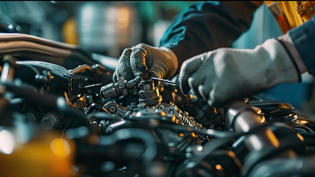 Auto-Mechaniker arbeitet in einer Werkstatt, ein Auto-Mekaniker repariert einen Auto-Motor, ein Arbeiter arbeitet in der Werkstatt.