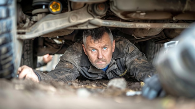 Auto-Mechaniker, der das Aufhängungssystem unter dem Fahrzeug in der Hausgarage überprüft.