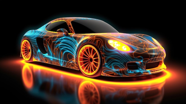 Auto mit Airbrushing und Neonlichtern auf dunklem Hintergrund