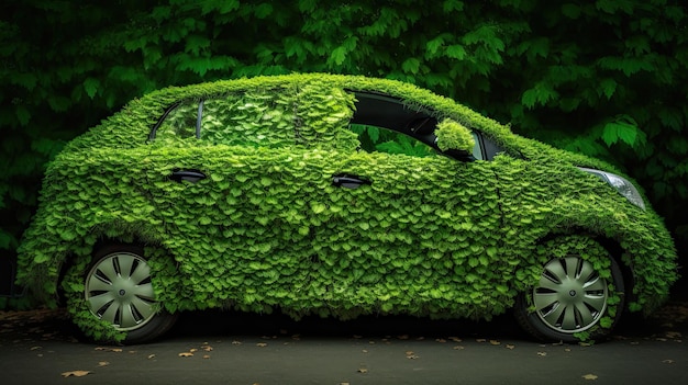 Auto mit grünen Blättern bedeckt Öko-Umweltkonzept Generative KI