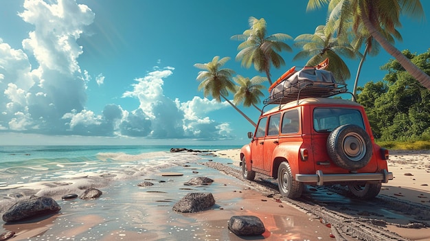 Foto auto mit surfbrett und gepäck an der spitze am strand vor den palmen und dem ozean