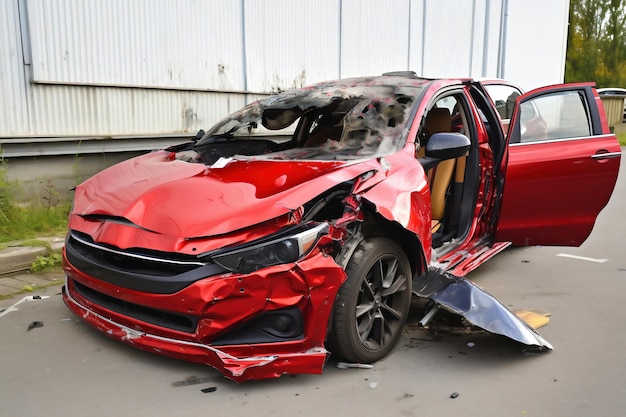 Foto auto nach unfall zerstört autounfall auf der straße beschädigtes auto nach kollision verstoß gegen die verkehrsregeln schwerer autounfall verkehrsunfall