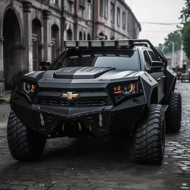 un auto negro con un capó negro que dice "monstruo" en el frente.