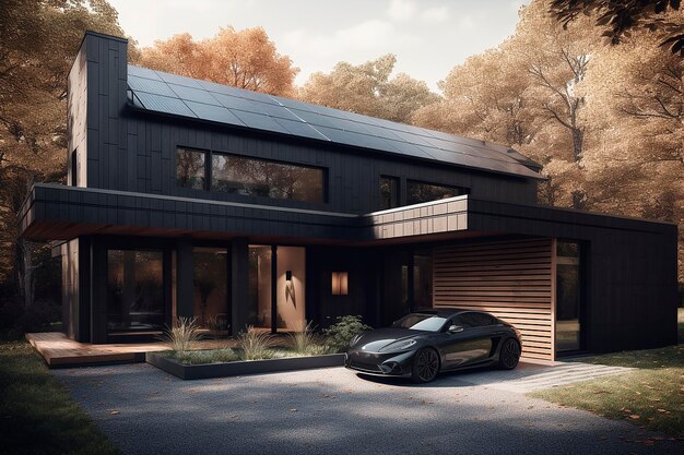 Un auto negro está estacionado frente a una casa con un panel solar en el techo.