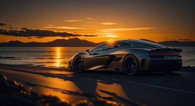 Un auto negro está estacionado en la playa al atardecer.