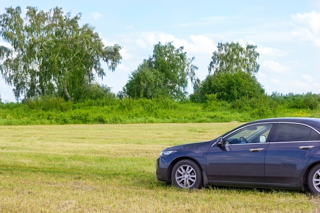 Un auto parado en un campo sobre la hierba