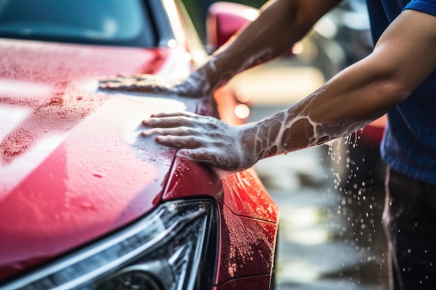 Auto reinigen mit einem Schwamm, der das Auto wäscht