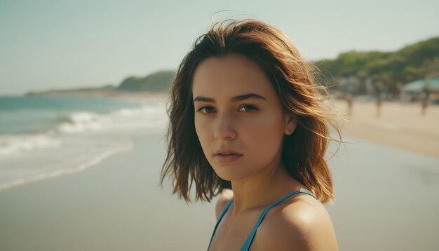 Foto auto-retrato de uma jovem na praia