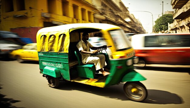 Auto rickshaw conduce a un cliente asiático en Indian Street Motion Blur tuk tuk autorickshaw taxi