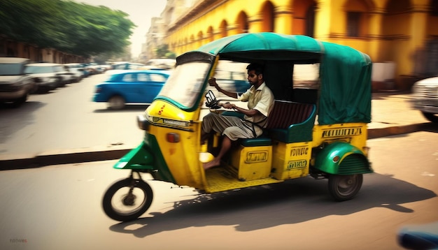 Auto rickshaw conduce a un cliente asiático en Indian Street Motion Blur tuk tuk autorickshaw taxi