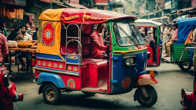 Foto auto rickshaw indiano na rua de delhi, índia