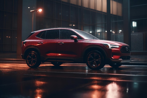 Un auto rojo está estacionado bajo la lluvia frente a un edificio.