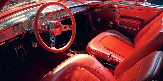 un auto rojo con un interior rojo y un volante.