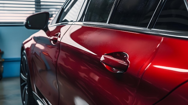 Un auto rojo con la puerta abierta y la puerta abierta.