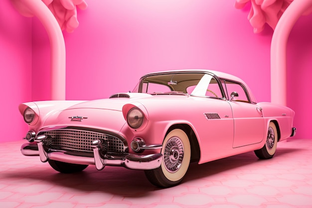 Auto rosa antiguo en un fondo rosa renderización en 3D