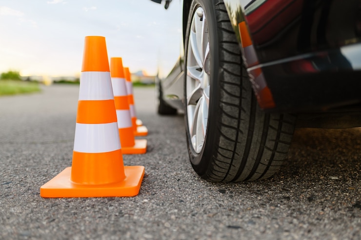 Foto auto und orangefarbene verkehrskegel, lektion im fahrschulkonzept, niemand. lehren, um fahrzeugthema zu fahren. führerscheinausbildung