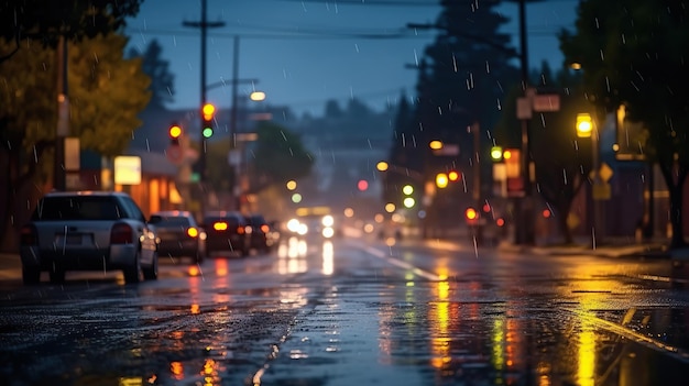 Auto verschwommener Lampenlinsenhintergrund mit generativer Wasserregen-KI
