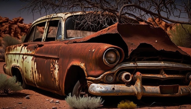 Un auto viejo en el desierto con un árbol al fondo.