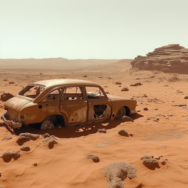 Un auto viejo oxidado está en medio de un desierto.