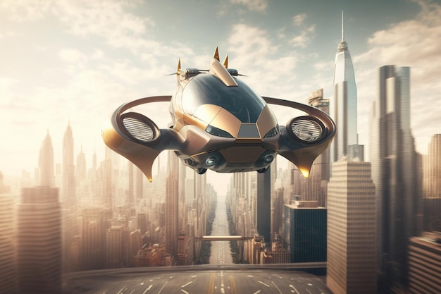 Un auto volador futurista está volando sobre una ciudad.
