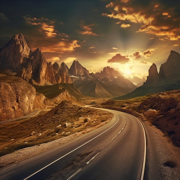 Foto autobahn mit berglandschaft sonnenuntergang ki-generierte bilder