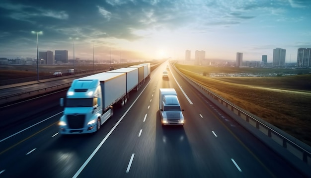 Autobahnszene mit Lastkraftwagen, die Güter transportieren