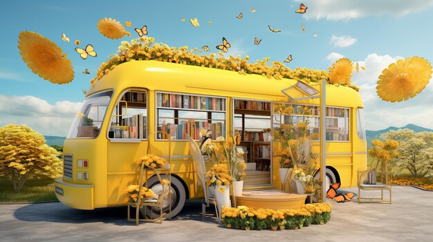 Un autobús amarillo decorado con acentos amarillos.