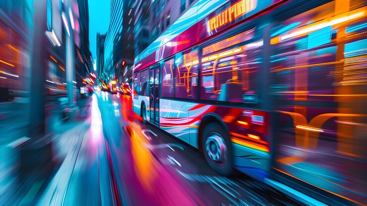 Autobús de ámbar corriendo por las calles de la ciudad bajo un cielo estrellado senderos de luz marcando su camino