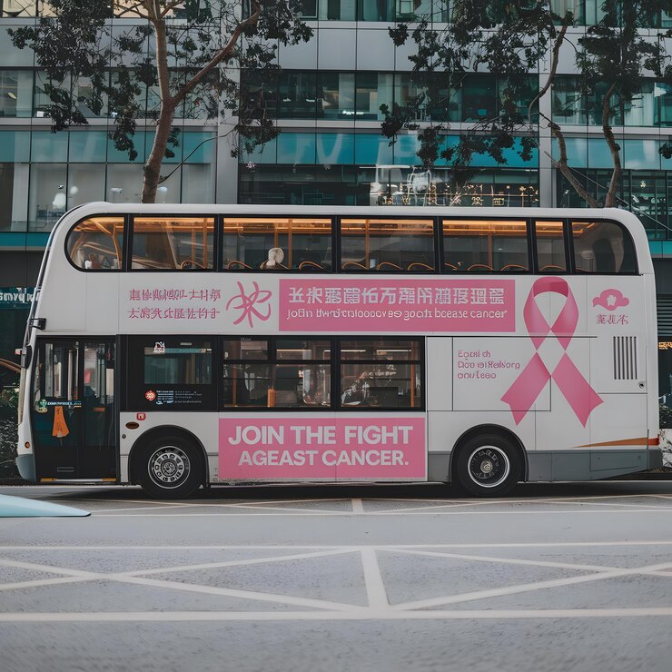 un autobús blanco de dos pisos con una cinta rosa en el lado
