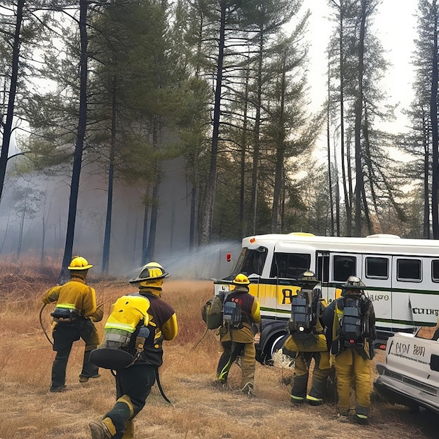 Un autobús de bomberos da agua a un incendio forestal