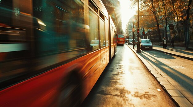 Foto autobús en una calle de la ciudad al atardecer concepto de viaje y transporte