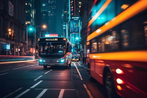 Foto autobús en la calle por la noche en la ciudad de nueva york imagen tonada borrón de movimiento