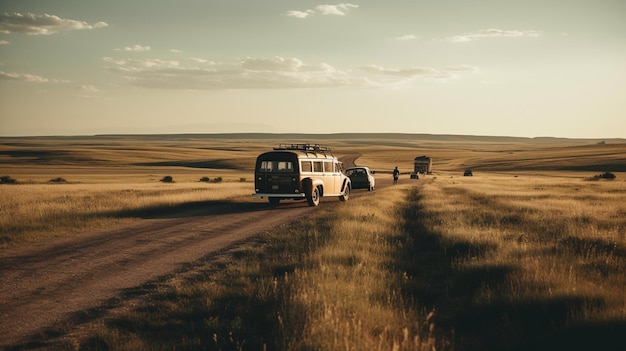 un autobús circula por un camino de tierra con un campo de hierba al fondo.