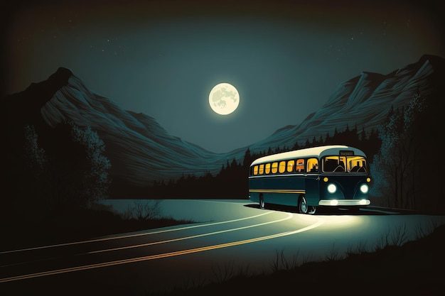 Un autobús circula por una carretera con la luna de fondo.