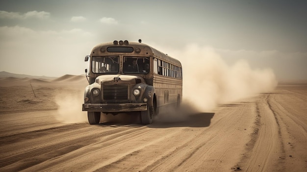 Un autobús circulando por el desierto con una nube de polvo detrás.