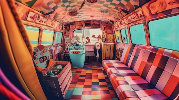 Un autobús colorido con un sofá y una televisión.