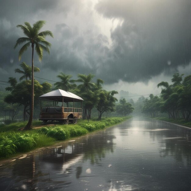 Foto un autobús está conduciendo por una carretera con lluvia y lluvia en el lado